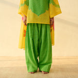 Sundari Kota Doria Cotton Farshi Set with Dupatta - Parrot Green & Turmeric Yellow