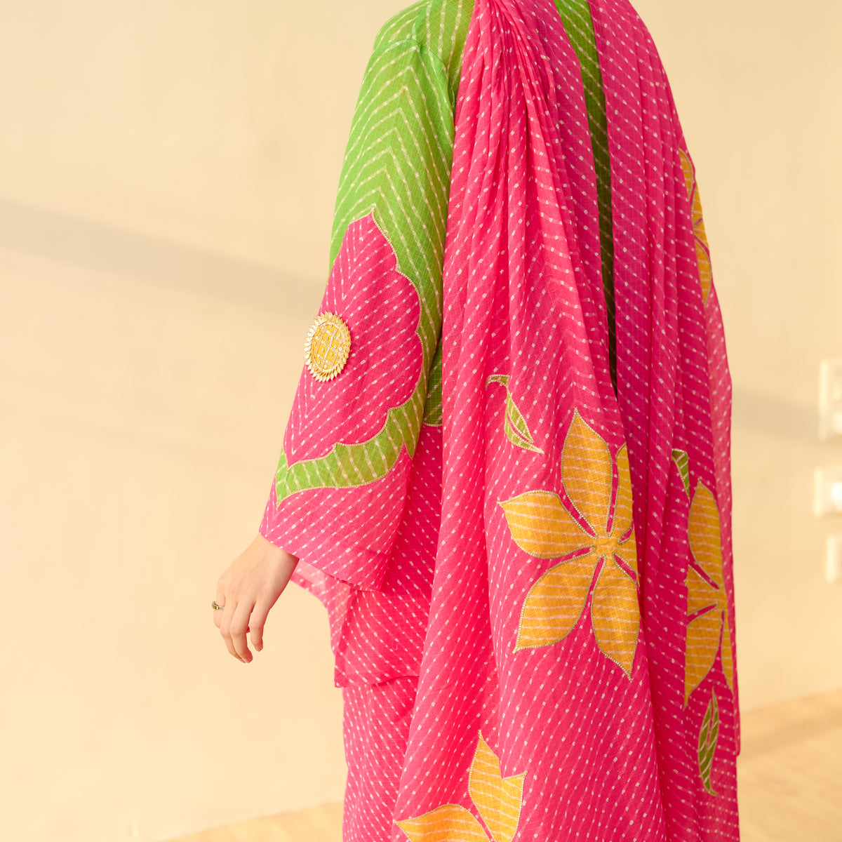 Sundari Kota Doria Cotton Farshi Set with Dupatta - Hot pink & Parrot Green