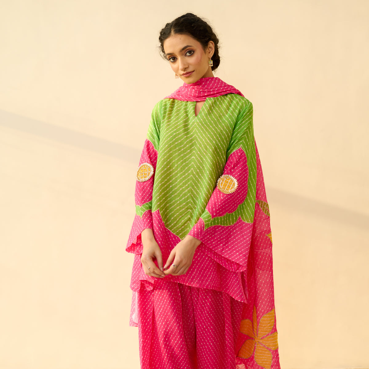 Sundari Kota Doria Cotton Farshi Set with Dupatta - Hot pink & Parrot Green