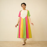 Rani Hand Embroidered Kota Doria Cotton Kurta Set - Pink, Orange & Yellow