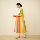 Rani Hand Embroidered Kota Doria Cotton Kurta Set - Pink, Orange & Yellow