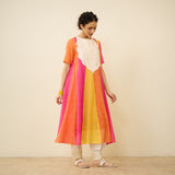 Rani Hand Embroidered Kota Doria Cotton Kurta Set - Pink, Green & Yellow