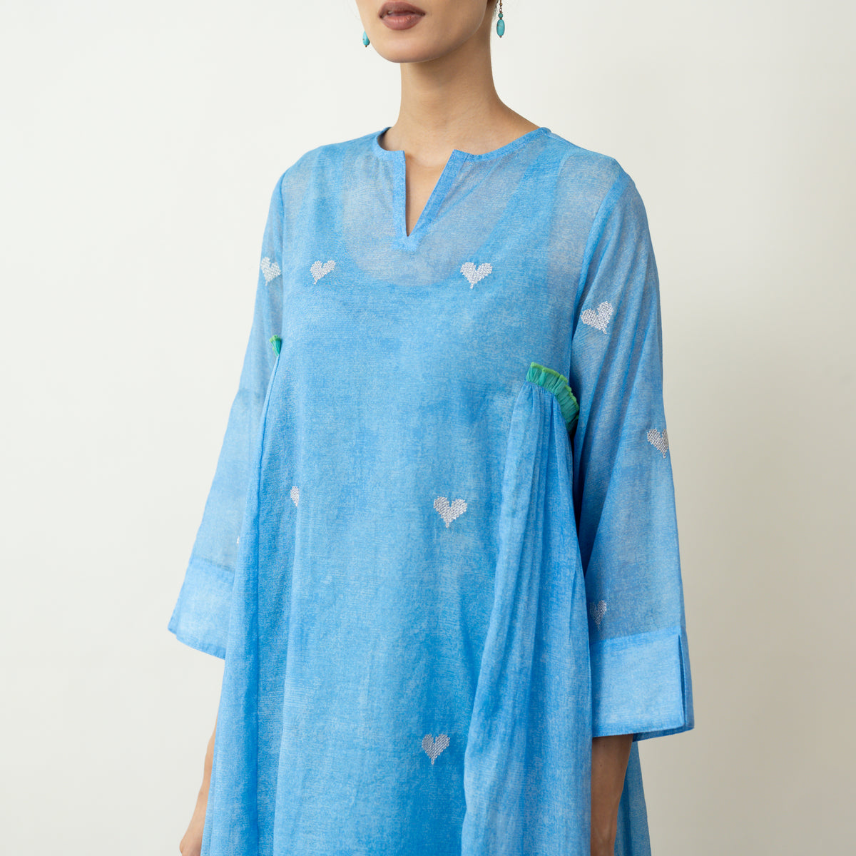 Love Bug Embroidered Festive Chanderi Set - Icy Blue