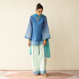 Laila Hand Embroidered Chanderi Farshi Set - Mint & Sea Blue