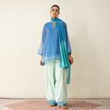 Laila Hand Embroidered Chanderi Farshi Set - Mint & Sea Blue