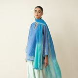 Laila Hand Embroidered Chanderi Farshi Set - Mint & Sea Blue
