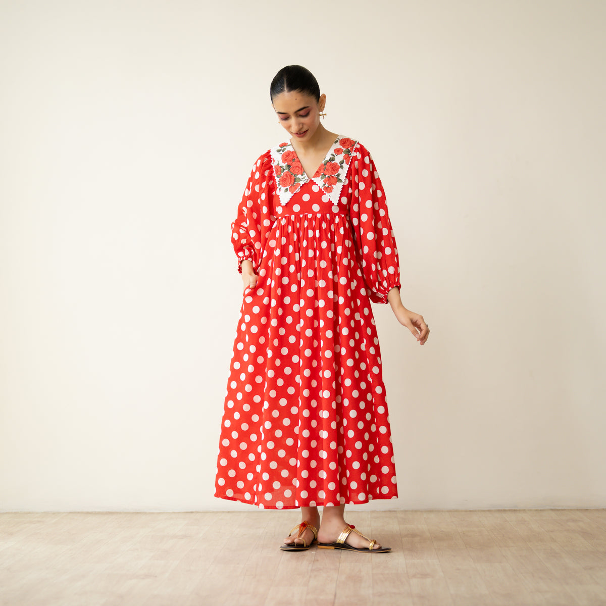 Polka Mulmul Cotton Dress - Tomato Red