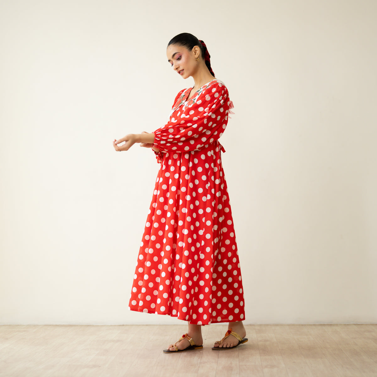 Polka Mulmul Cotton Dress - Tomato Red