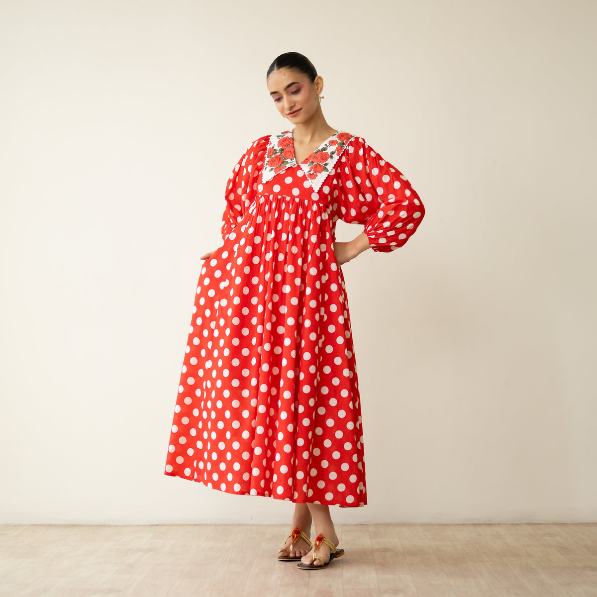 Polka Mulmul Cotton Dress - Tomato Red