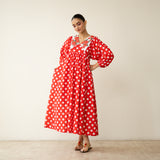 Polka Mulmul Cotton Dress - Tomato Red