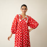 Polka Mulmul Cotton Dress - Tomato Red