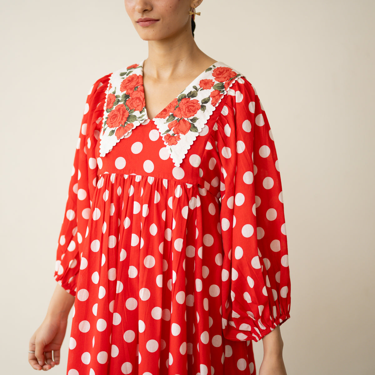 Polka Mulmul Cotton Dress - Tomato Red