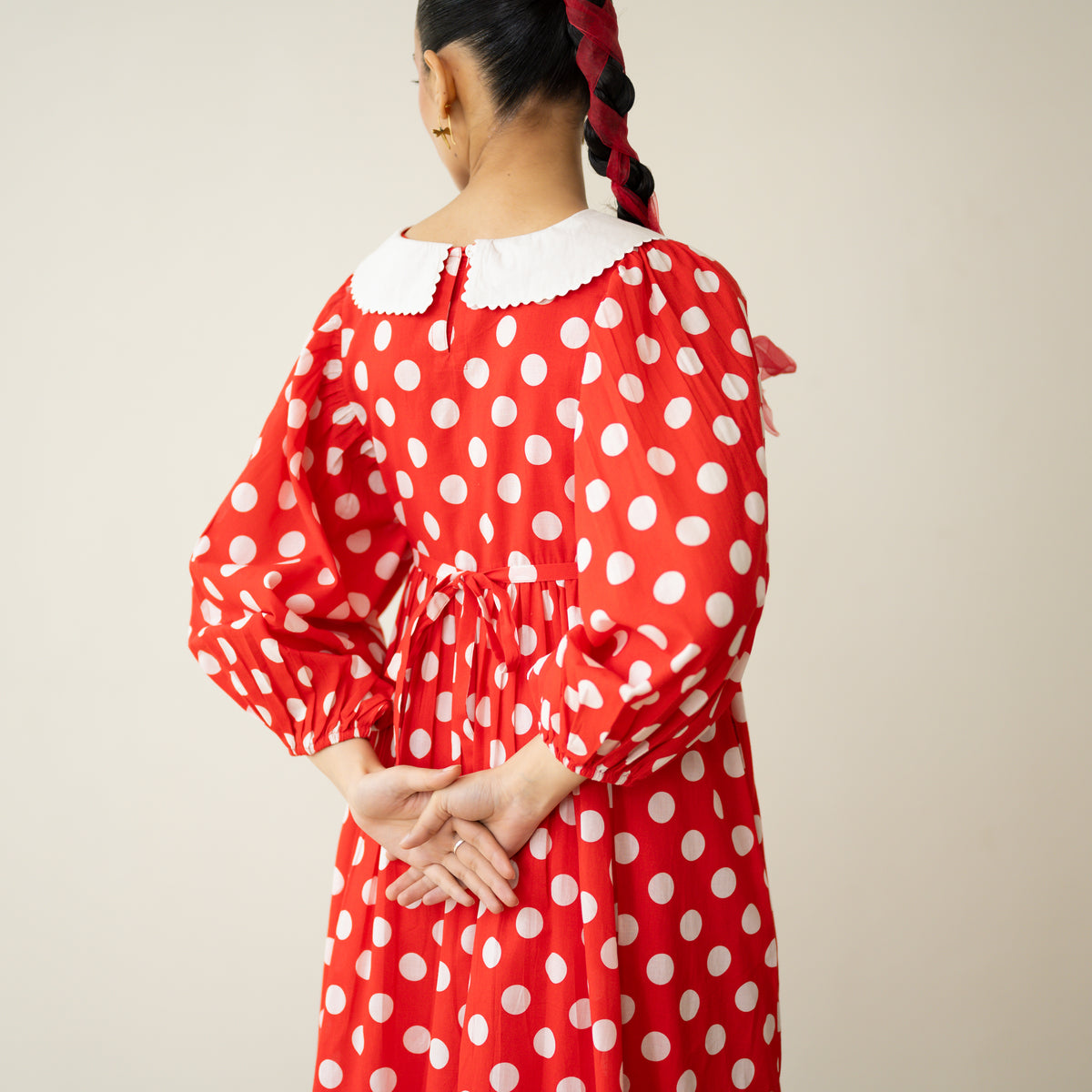 Polka Mulmul Cotton Dress - Tomato Red