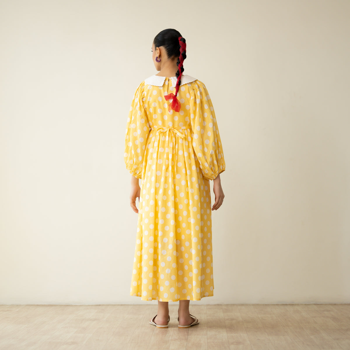 Polka Mulmul Cotton Dress - Mango Yellow
