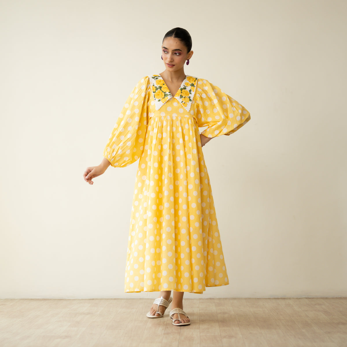 Polka Mulmul Cotton Dress - Mango Yellow