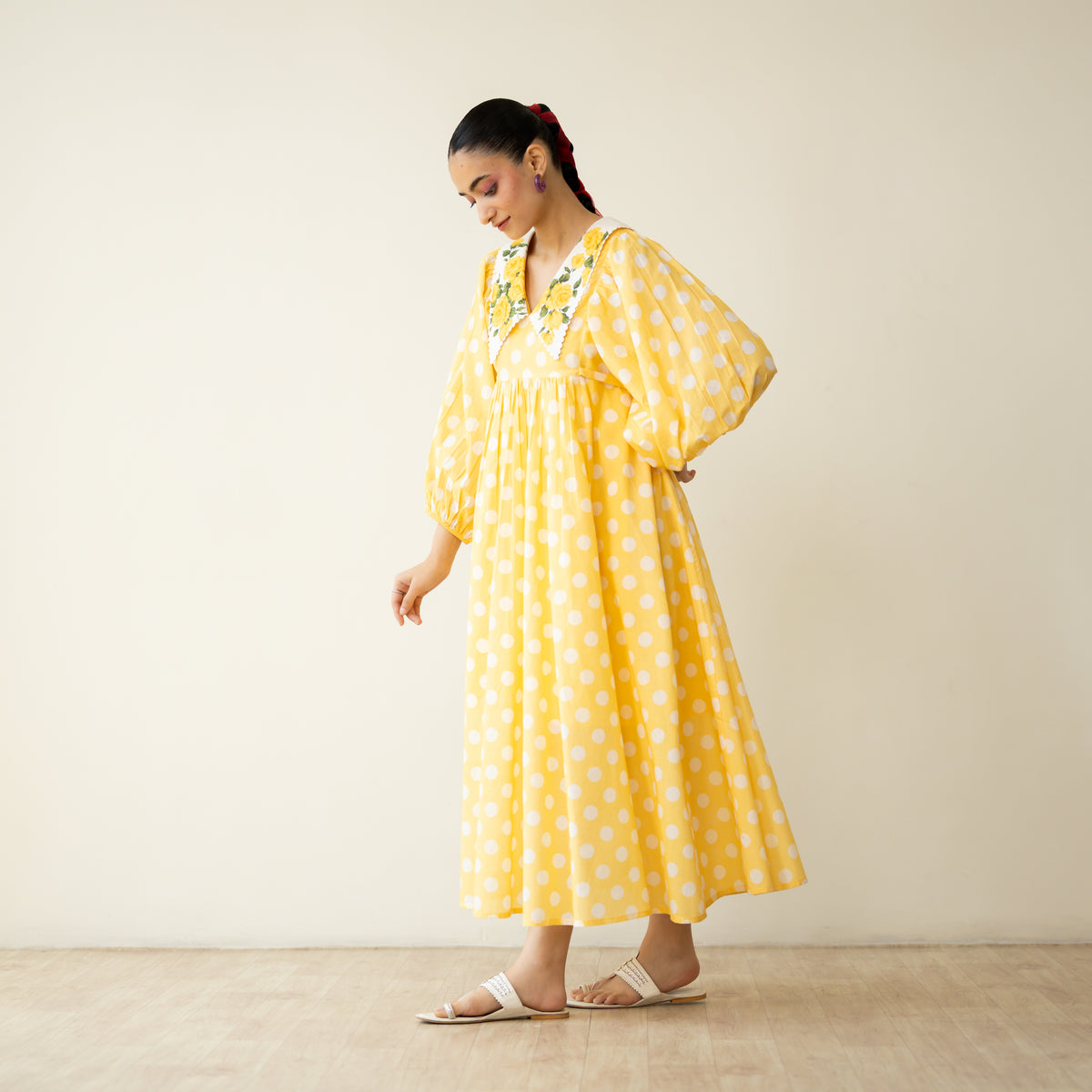 Polka Mulmul Cotton Dress - Mango Yellow