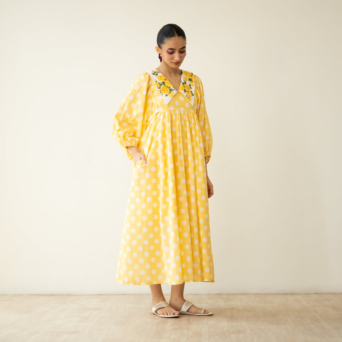 Polka Mulmul Cotton Dress - Mango Yellow