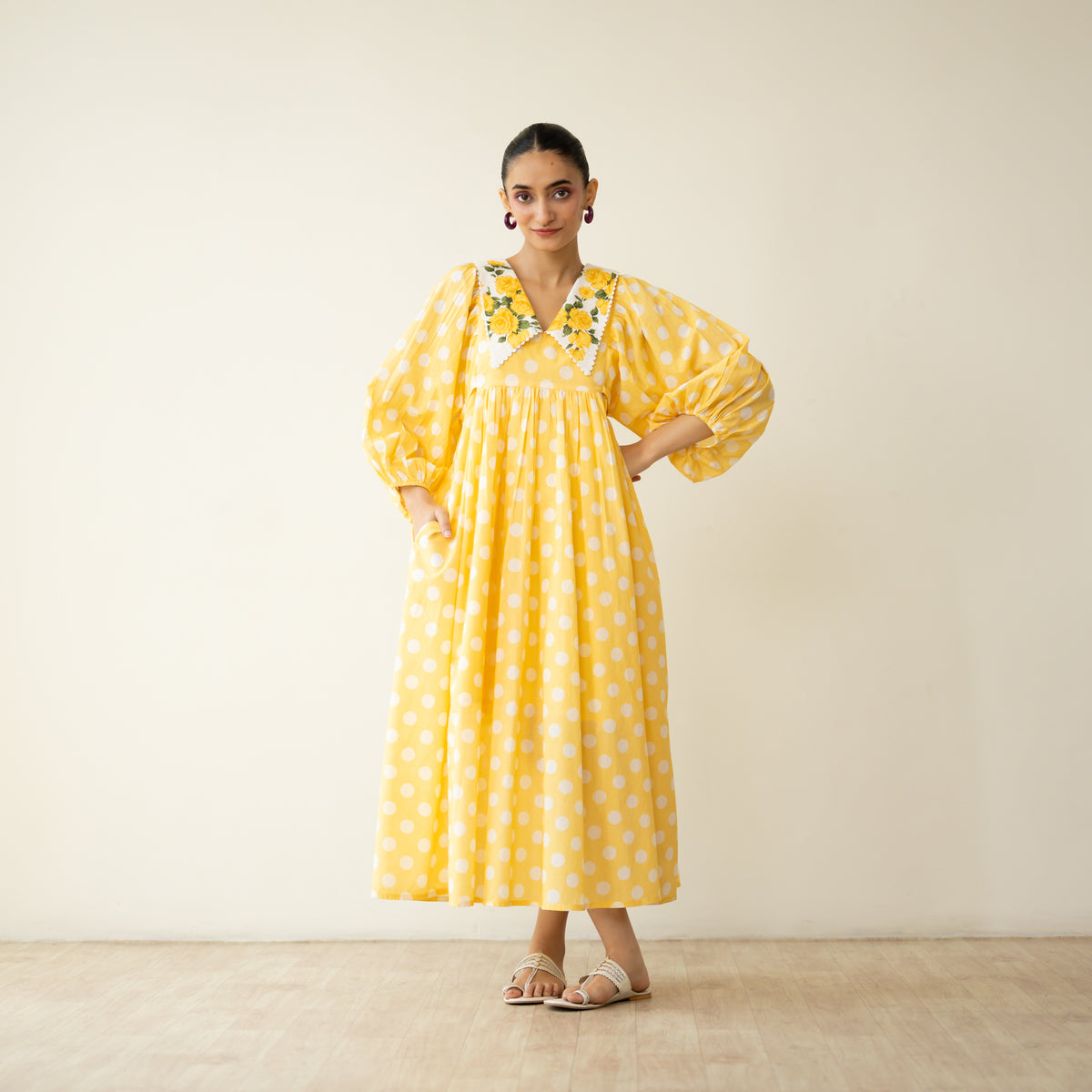 Polka Mulmul Cotton Dress - Mango Yellow