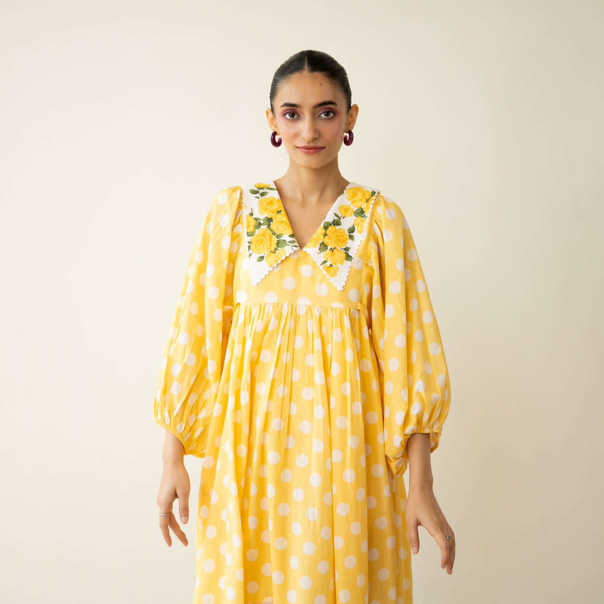 Polka Mulmul Cotton Dress - Mango Yellow