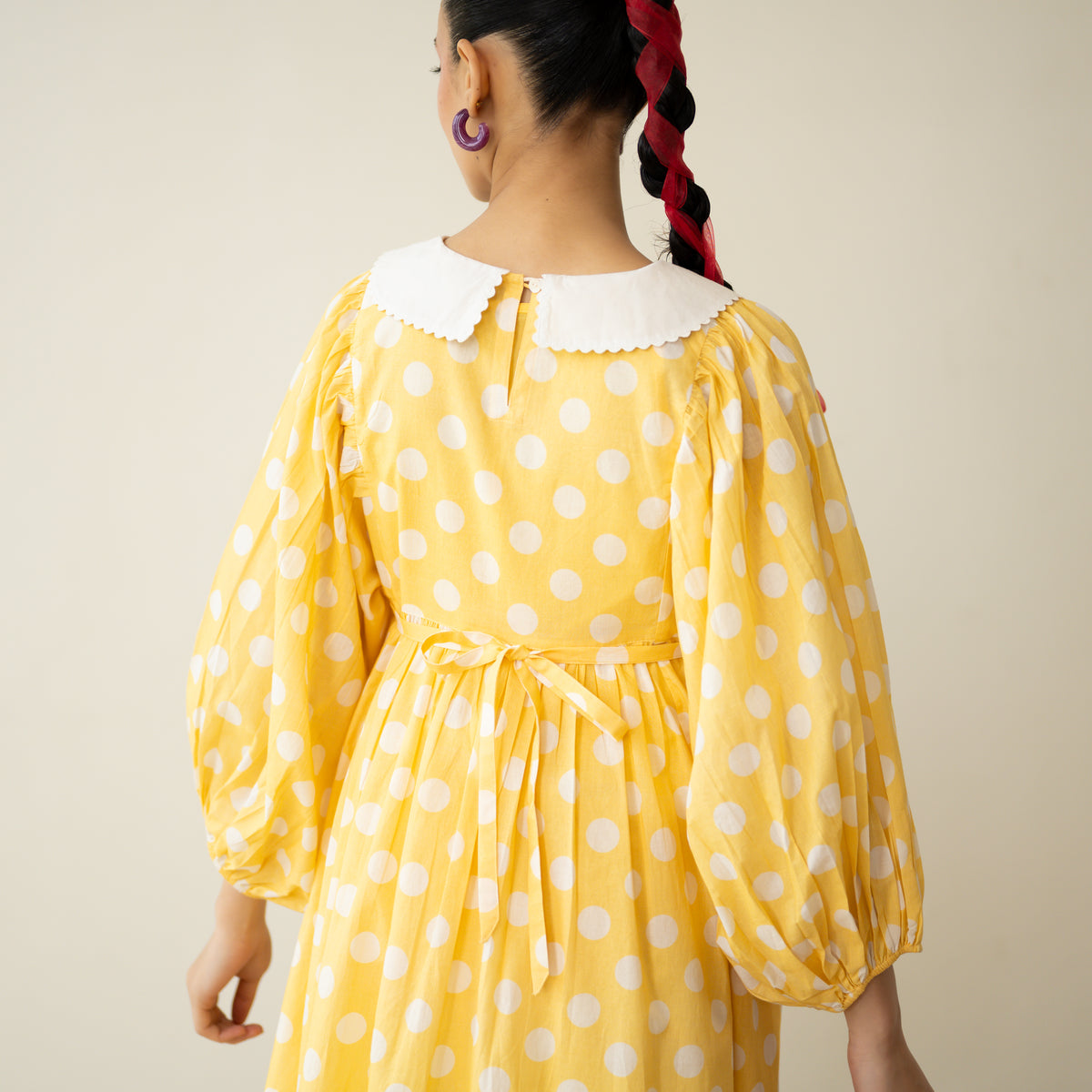 Polka Mulmul Cotton Dress - Mango Yellow