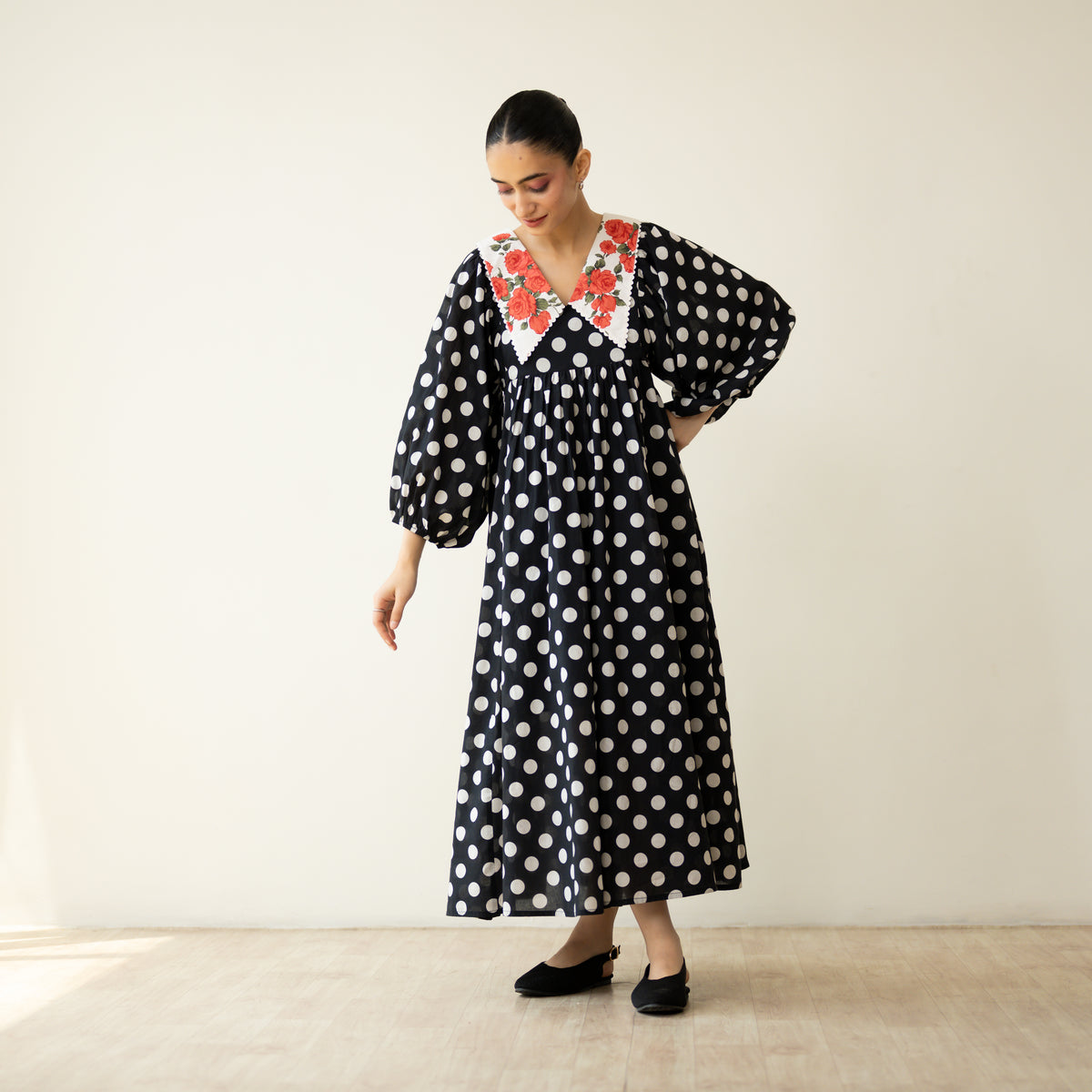Polka Mulmul Cotton Dress - Black