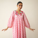 Polka Mulmul Cotton Dress - Baby Pink