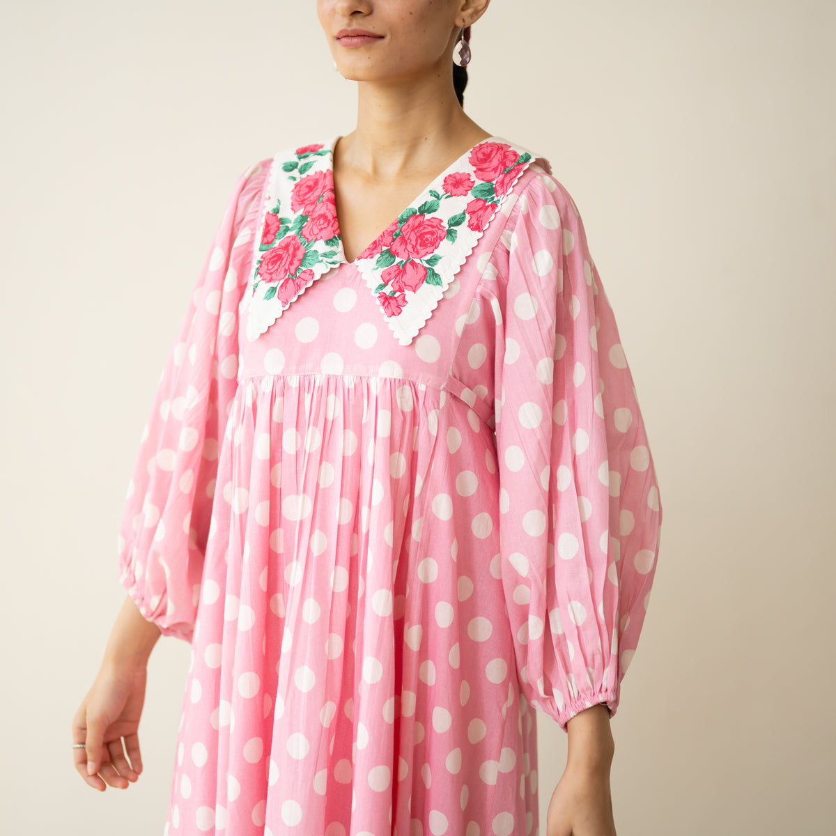 Polka Mulmul Cotton Dress - Baby Pink