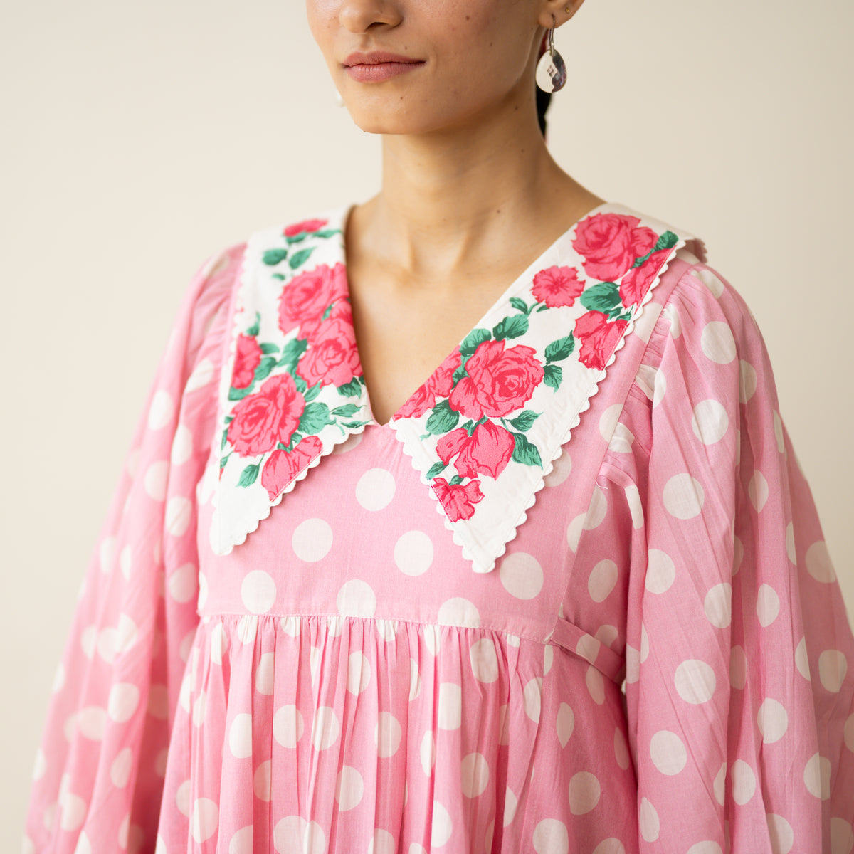 Polka Mulmul Cotton Dress - Baby Pink