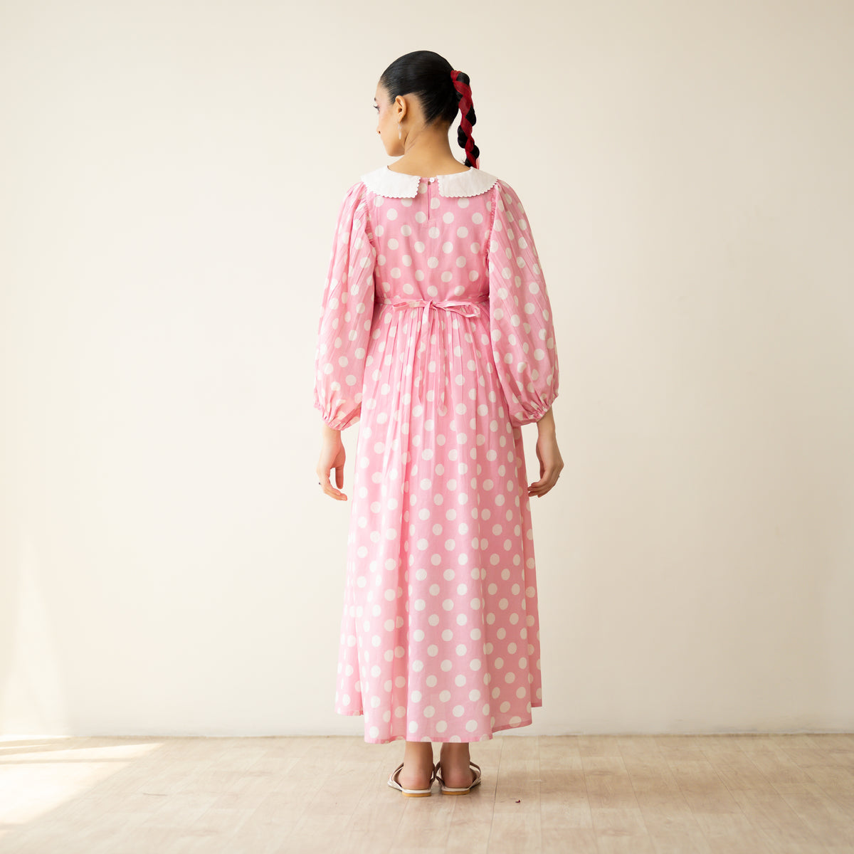 Polka Mulmul Cotton Dress - Baby Pink