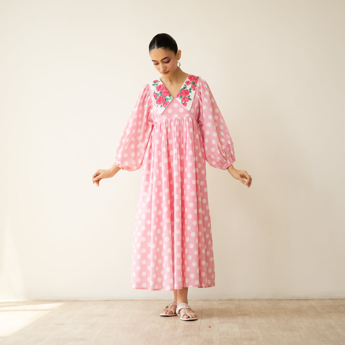 Polka Mulmul Cotton Dress - Baby Pink