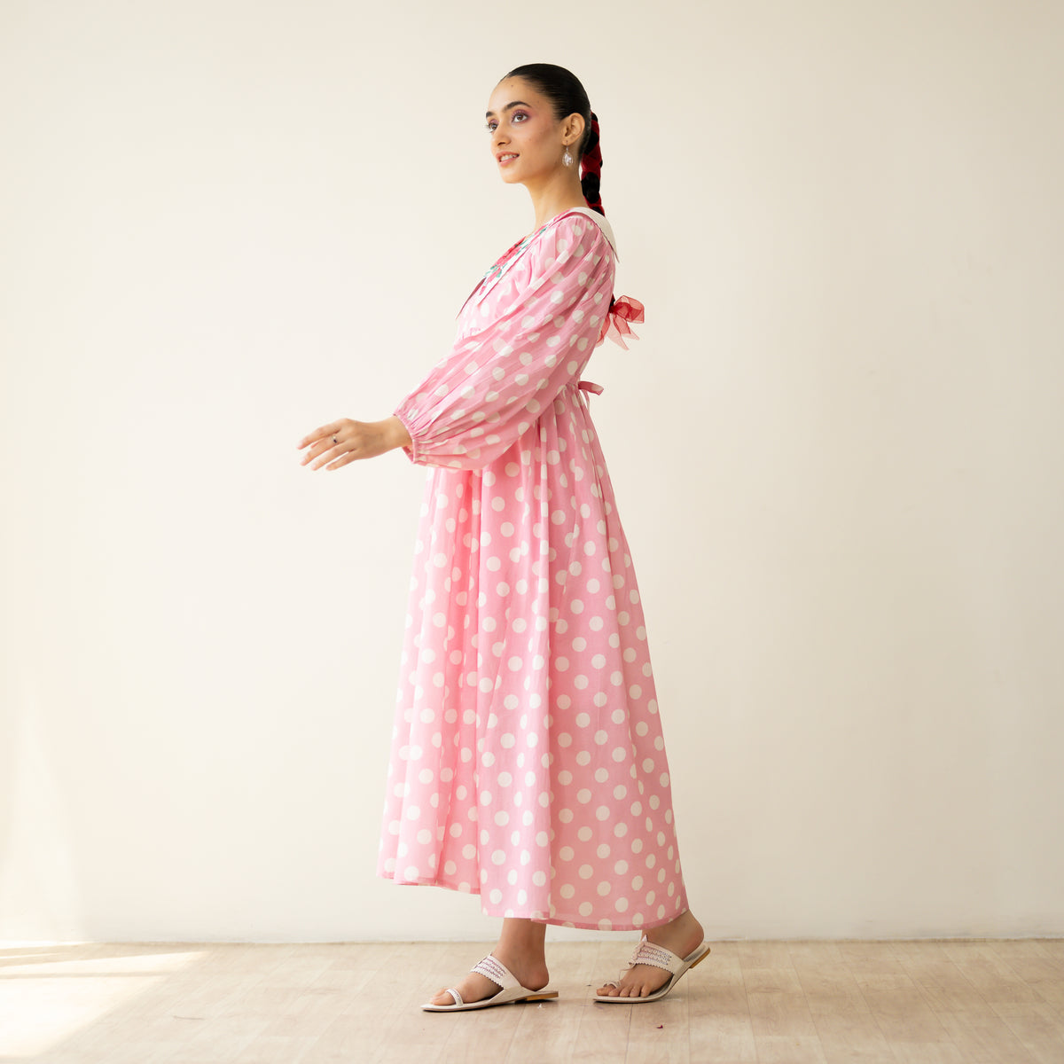 Polka Mulmul Cotton Dress - Baby Pink