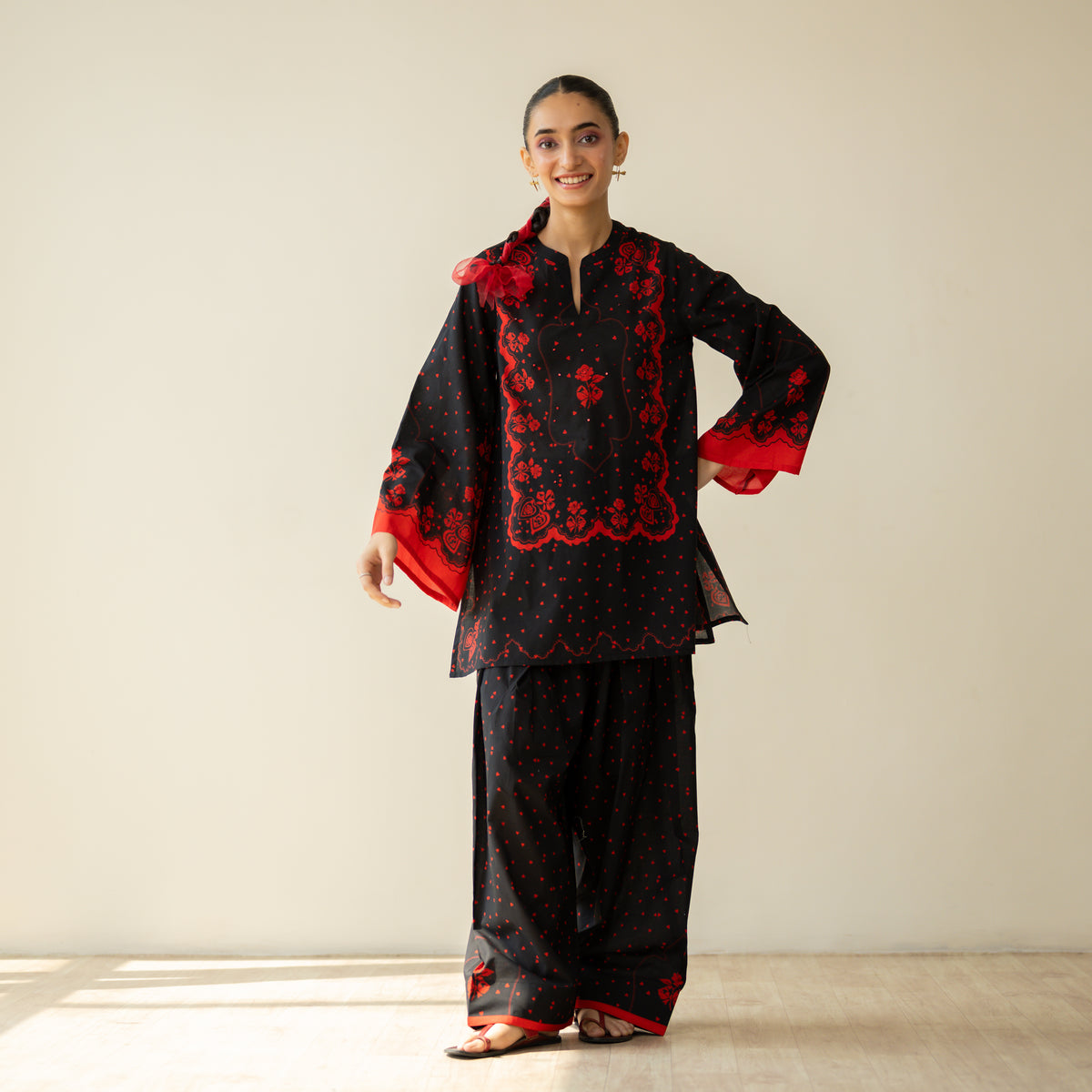 Senorita Hand Embroidered Mulmul Cotton Farshi Set - Dramatic Black