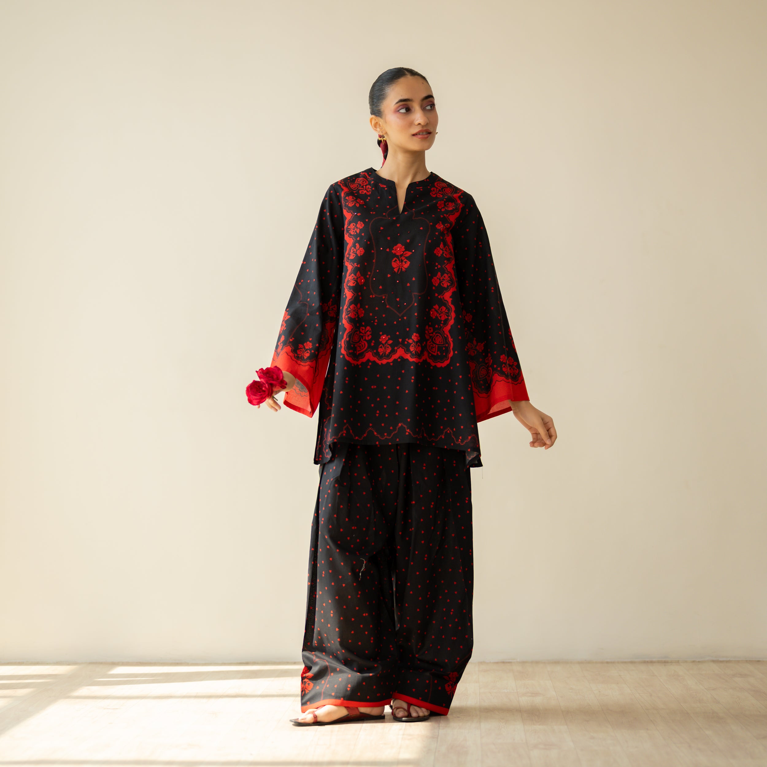 Senorita Hand Embroidered Mulmul Cotton Farshi Set - Dramatic Black