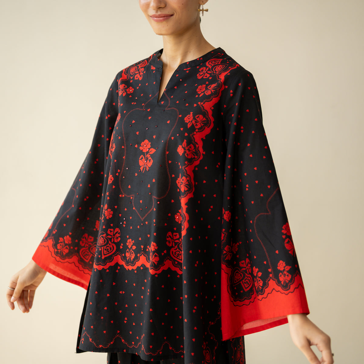 Senorita Hand Embroidered Mulmul Cotton Farshi Set - Dramatic Black