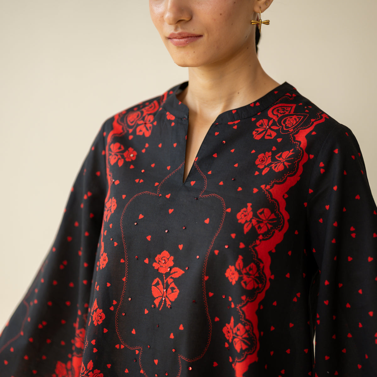 Senorita Hand Embroidered Mulmul Cotton Farshi Set - Dramatic Black