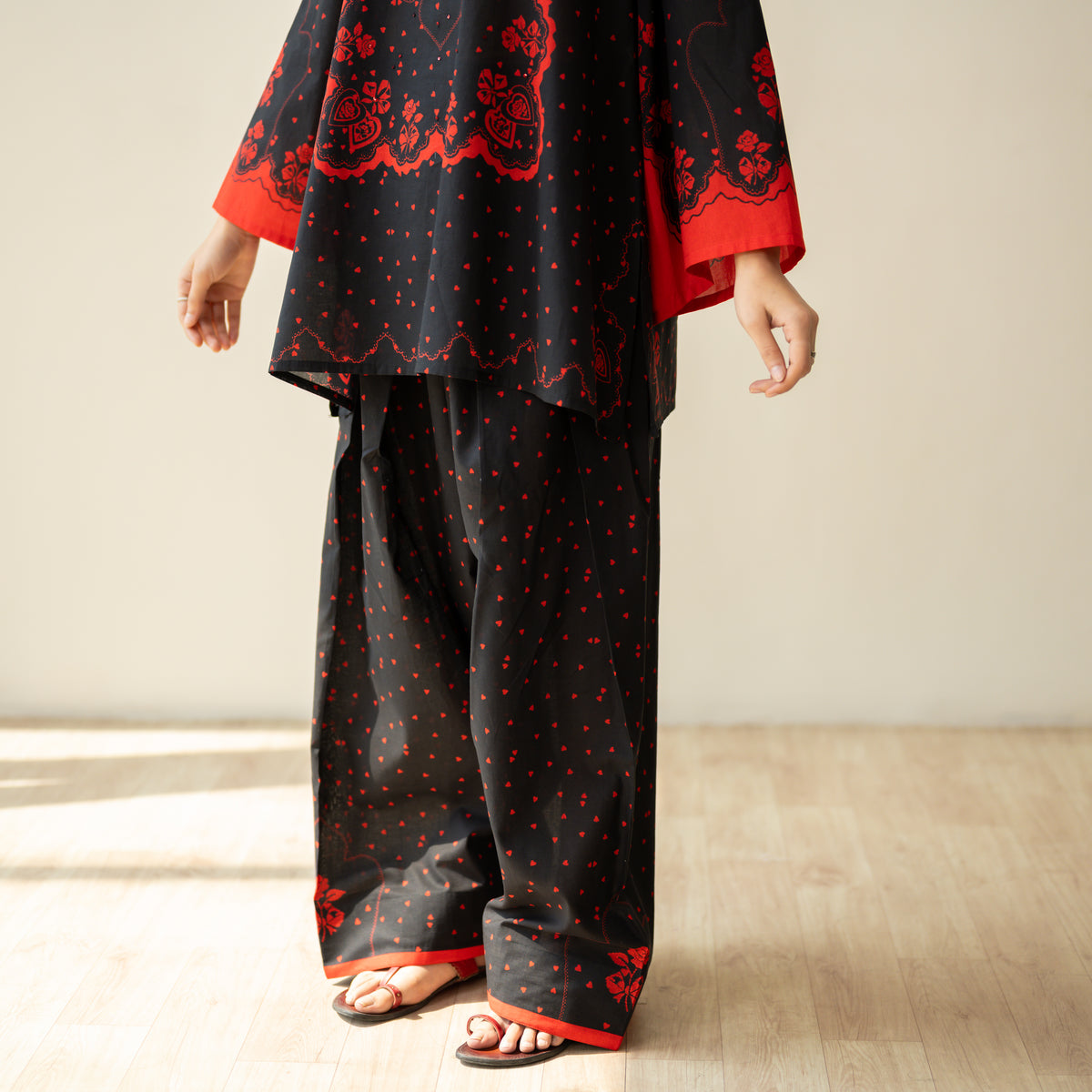 Senorita Hand Embroidered Mulmul Cotton Farshi Set - Dramatic Black
