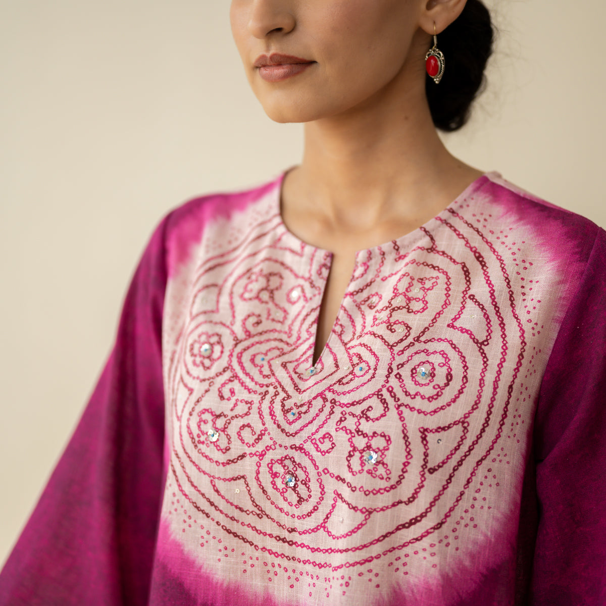 Vamika Hand Embroidered Slub Cotton Kurta Set - Berry Drama
