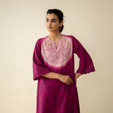Vamika Hand Embroidered Slub Cotton Kurta Set - Berry Drama