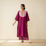 Vamika Hand Embroidered Slub Cotton Kurta Set - Berry Drama