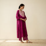 Vamika Hand Embroidered Slub Cotton Kurta Set - Berry Drama