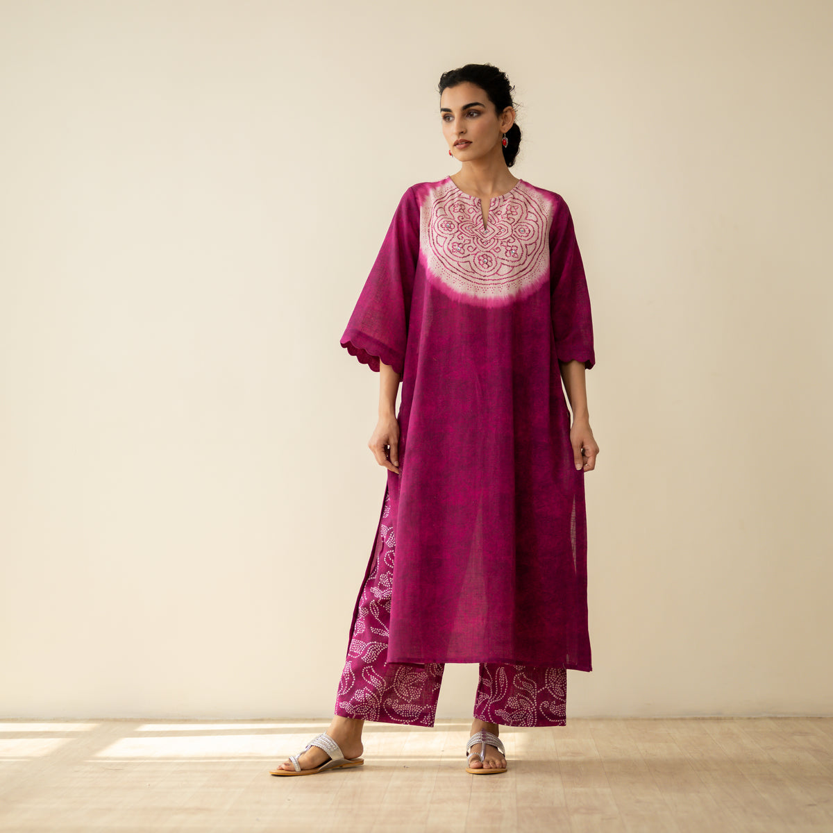 Vamika Hand Embroidered Slub Cotton Kurta Set - Berry Drama