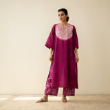 Vamika Hand Embroidered Slub Cotton Kurta Set - Berry Drama