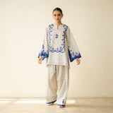 Senorita Hand Embroidered Mulmul Cotton Farshi Set - Blue