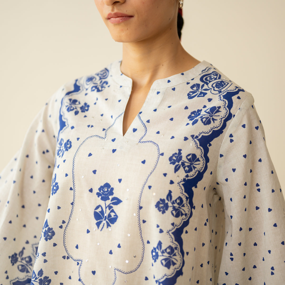 Senorita Hand Embroidered Mulmul Cotton Farshi Set - Blue