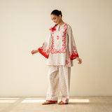 Senorita Hand Embroidered Mulmul Cotton Farshi Set - Tomato Red