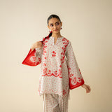 Senorita Hand Embroidered Mulmul Cotton Farshi Set - Tomato Red