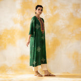 Noora Hand Embroidered Modal Kurta - Forest Green