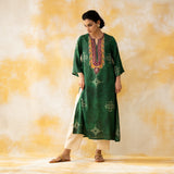 Noora Hand Embroidered Modal Kurta - Forest Green