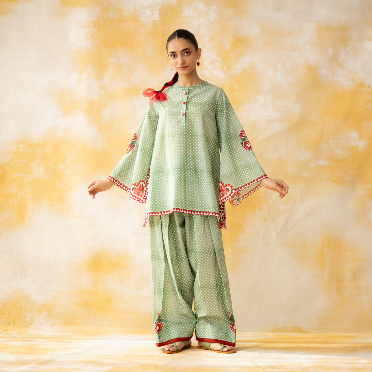 Chameli Mulmul Cotton Farshi Set - Pista