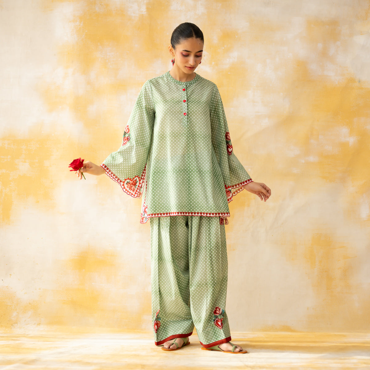 Chameli Mulmul Cotton Farshi Set - Pista